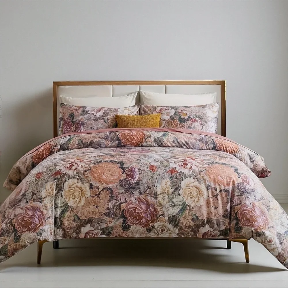NEW Anthro Pink Floral Multicolor Queen / King Cotton Bedding Duvet & Sham Set